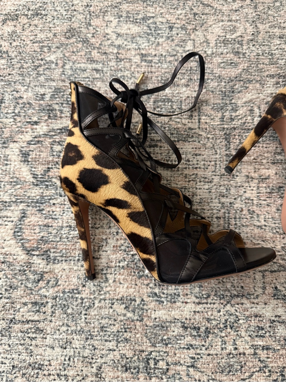 Aquazzura Leopard Print and Black Lace-Up Stiletto Sandals - Picture 4 of 12